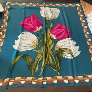 Vintage Perry Ellis Teal Pink White Tulip Flowers Floral 100% Silk Scarf 31"
